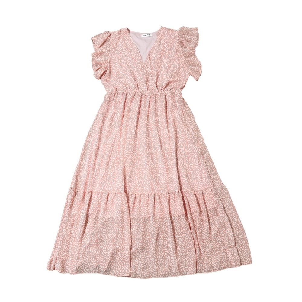 Angashion Pink Animal Print Ruffle Sleeve Tiered Maxi Dress XL Wrap V-Neck Belt